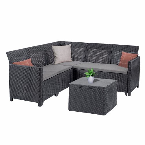 Claire VII 5 személyes sarokgarnitúra párnatartós asztallal grafit