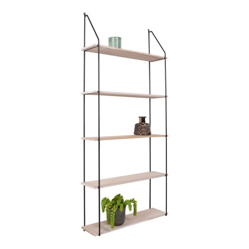 Eindhoven polc, 5 natúr fa polccal, fekete keret 65x17x145 cm
