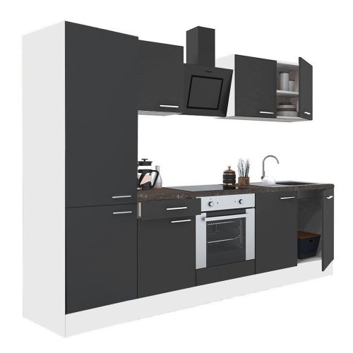 Yorki 270 konyhabútor fehér korpusz,selyemfényű antracit front alsó sütős elemmel polcos szekrénnyel