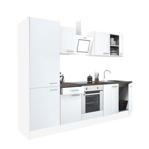 Yorki 270 konyhabútor fehér korpusz,selyemfényű fehér front alsó sütős elemmel polcos szekrénnyel