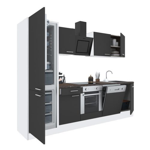 Yorki 280 konyhabútor fehér korpusz,selyemfényű antracit front alsó sütős elemmel alulfagyasztós hűtős szekrénnyel