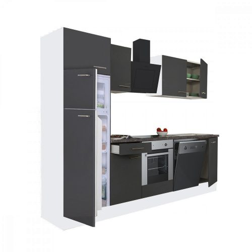 Yorki 280 konyhabútor fehér korpusz,selyemfényű antracit front alsó sütős elemmel felülfagyasztós hűtős szekrénnyel