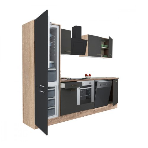 Yorki 280 konyhabútor sonoma tölgy korpusz,selyemfényű antracit front alsó sütős elemmel alulfagyasztós hűtős szekrénnyel