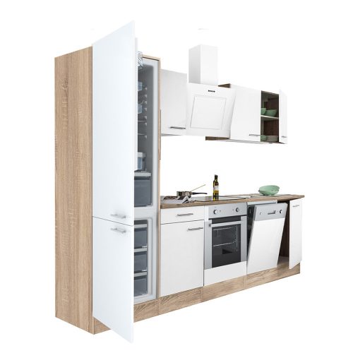 Yorki 280 konyhabútor sonoma tölgy korpusz,selyemfényű fehér front alsó sütős elemmel alulfagyasztós hűtős szekrénnyel