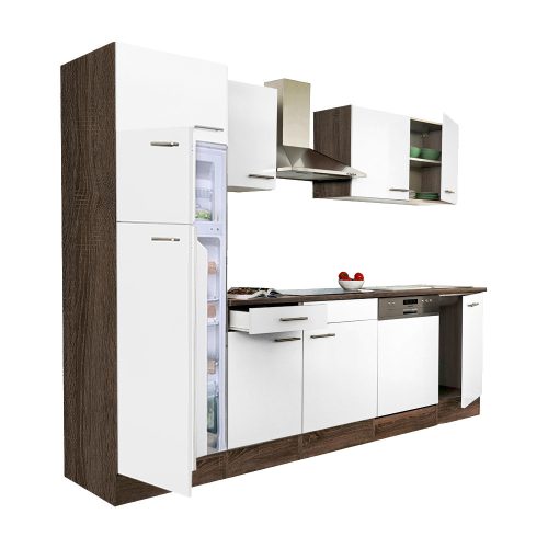 Yorki 280 konyhabútor yorki tölgy korpusz,selyemfényű fehér fronttal felülfagyasztós hűtős szekrénnyel