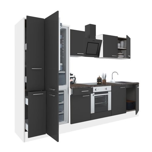 Yorki 300 konyhabútor fehér korpusz,selyemfényű antracit front alsó sütős elemmel alulfagyasztós hűtős szekrénnyel