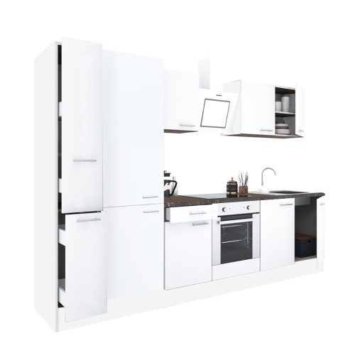 Yorki 300 konyhabútor fehér korpusz,selyemfényű fehér front alsó sütős elemmel polcos szekrénnyel