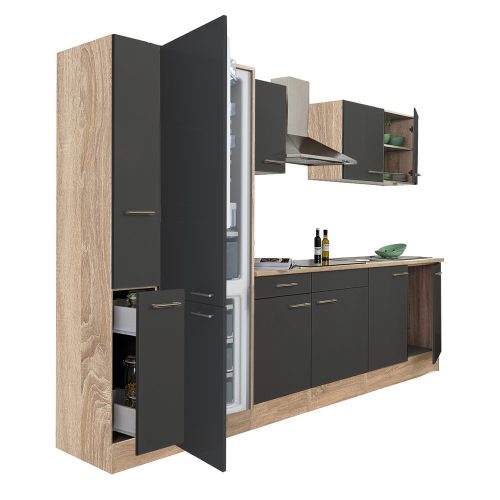 Yorki 300 konyhabútor sonoma tölgy korpusz,selyemfényű antracit fronttal alulfagyasztós hűtős szekrénnyel