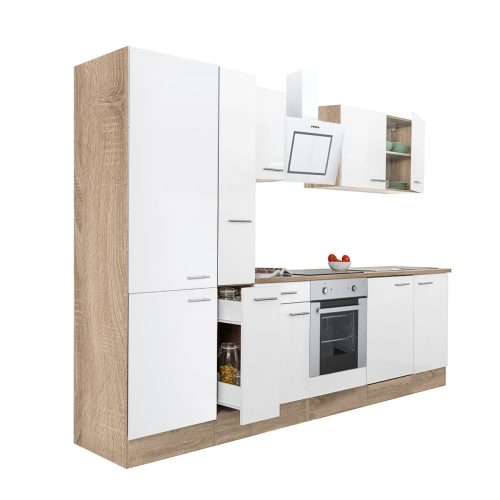 Yorki 300 konyhabútor sonoma tölgy korpusz,selyemfényű fehér front alsó sütős elemmel polcos szekrénnyel