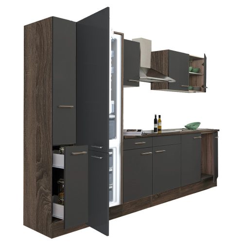 Yorki 300 konyhabútor yorki tölgy korpusz,selyemfényű antracit fronttal alulfagyasztós hűtős szekrénnyel