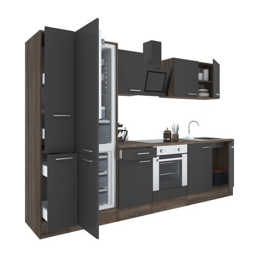 Yorki 300 konyhabútor yorki tölgy korpusz,selyemfényű antracit front alsó sütős elemmel alulfagyasztós hűtős szekrénnyel