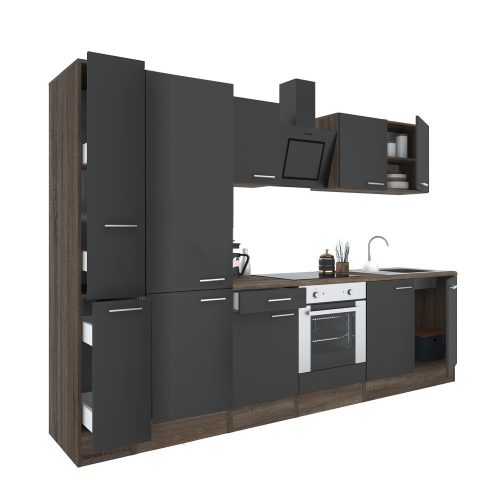 Yorki 300 konyhabútor yorki tölgy korpusz,selyemfényű antracit front alsó sütős elemmel polcos szekrénnyel