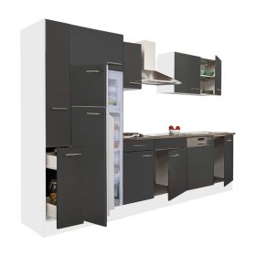 Yorki 310 konyhabútor fehér korpusz,selyemfényű antracit fronttal felülfagyasztós hűtős szekrénnyel