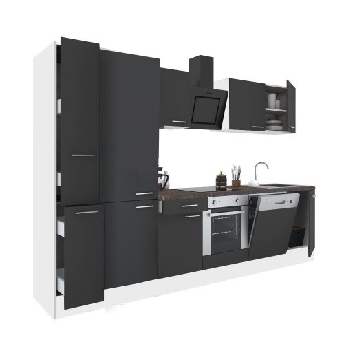 Yorki 310 konyhabútor fehér korpusz,selyemfényű antracit front alsó sütős elemmel polcos szekrénnyel