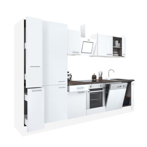 Yorki 310 konyhabútor fehér korpusz,selyemfényű fehér front alsó sütős elemmel polcos szekrénnyel