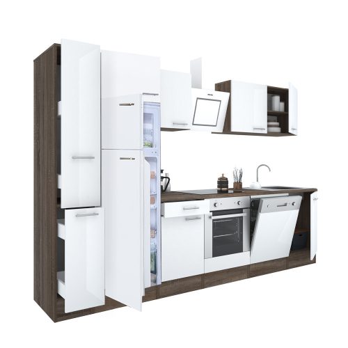 Yorki 310 konyhabútor yorki tölgy korpusz,selyemfényű fehér front alsó sütős elemmel felülfagyasztós hűtős szekrénnyel