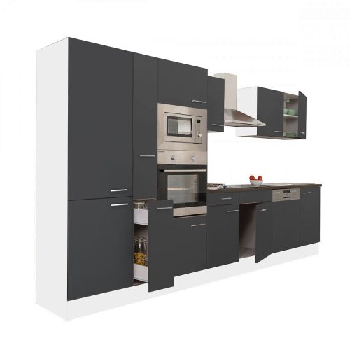 Yorki 370 konyhabútor fehér korpusz,selyemfényű antracit fronttal polcos szekrénnyel