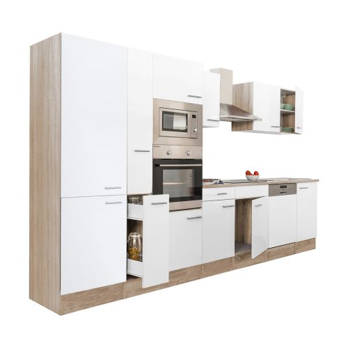 Yorki 370 konyhabútor sonoma tölgy korpusz,selyemfényű fehér fronttal polcos szekrénnyel