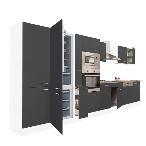 Yorki 430 konyhabútor fehér korpusz,selyemfényű antracit fronttal alulfagyasztós hűtős szekrénnyel