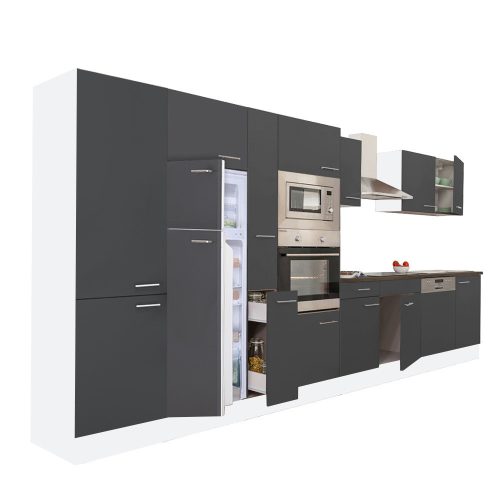 Yorki 430 konyhabútor fehér korpusz,selyemfényű antracit fronttal felülfagyasztós hűtős szekrénnyel
