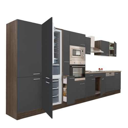 Yorki 430 konyhabútor yorki tölgy korpusz,selyemfényű antracit fronttal alulfagyasztós hűtős szekrénnyel