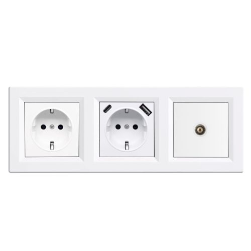 Nova földelt csatlakozóaljzat dugalj, USB, TV csatlakozóval fehér kerettel