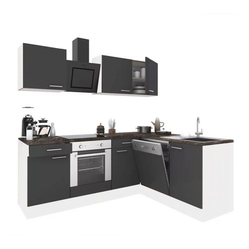 Yorki 220 sarok konyhabútor fehér korpusz,selyemfényű antracit fronttal alsó sütős elemmel