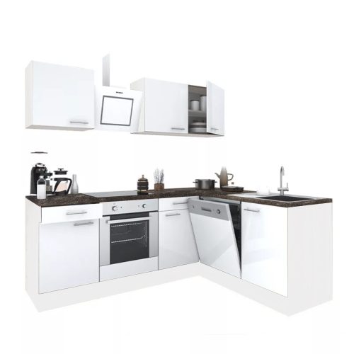 Yorki 220 sarok konyhabútor fehér korpusz,selyemfényű fehér fronttal alsó sütős elemmel