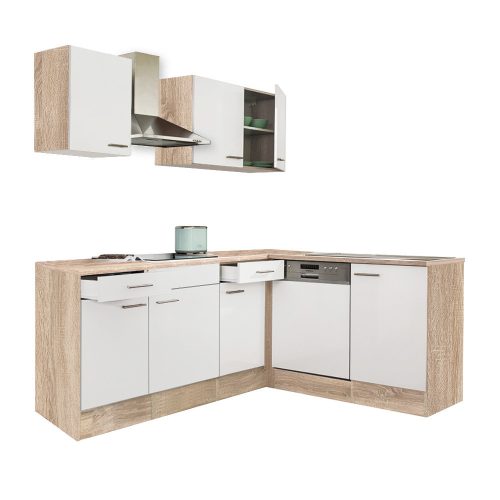 Yorki 220 sarok konyhabútor sonoma tölgy korpusz,selyemfényű fehér fronttal