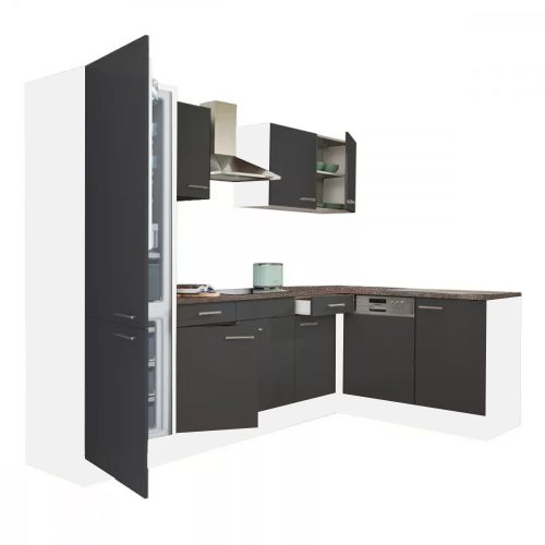 Yorki 280 sarok konyhabútor fehér korpusz,selyemfényű antracit fronttal alulagyasztós hűtős szekrénnyel