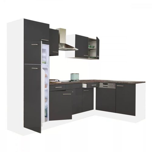 Yorki 280 sarok konyhabútor fehér korpusz,selyemfényű antracit fronttal felülfagyasztós hűtős szekrénnyel