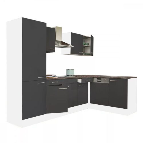 Yorki 280 sarok konyhabútor fehér korpusz,selyemfényű antracit fronttal polcos szekrénnyel