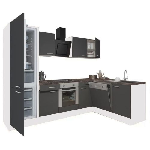 Yorki 280 sarok konyhabútor fehér korpusz,selyemfényű antracit front alsó sütős elemmel alulagyasztós hűtős szekrénnyel