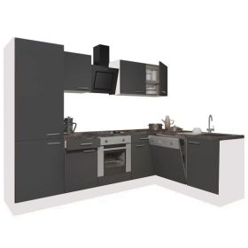 Yorki 280 sarok konyhabútor fehér korpusz,selyemfényű antracit front alsó sütős elemmel polcos szekrénnyel