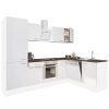 Yorki 280 sarok konyhabútor fehér korpusz,selyemfényű fehér front alsó sütős elemmel polcos szekrénnyel