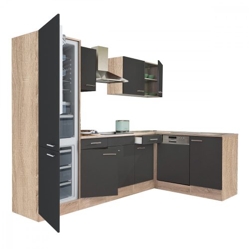 Yorki 280 sarok konyhabútor sonoma tölgy korpusz,selyemfényű antracit fronttal alulagyasztós hűtős szekrénnyel