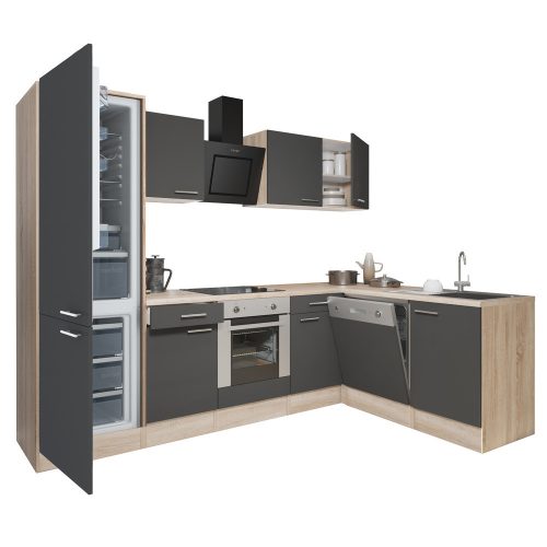 Yorki 280 sarok konyhabútor sonoma tölgy korpusz,selyemfényű antracit front alsó sütős elemmel alulagyasztós hűtős szekrénnyel