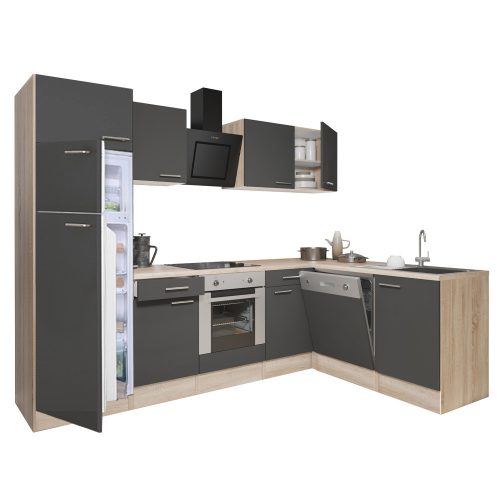 Yorki 280 sarok konyhabútor sonoma tölgy korpusz,selyemfényű antracit front alsó sütős elemmel felülfagyasztós hűtős szekrénnyel