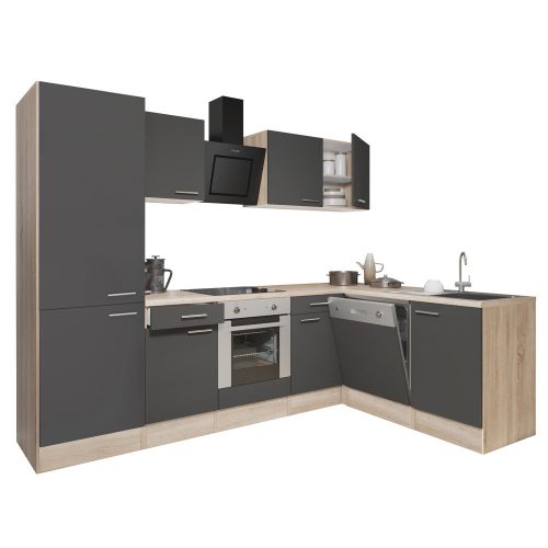 Yorki 280 sarok konyhabútor sonoma tölgy korpusz,selyemfényű antracit front alsó sütős elemmel polcos szekrénnyel