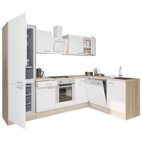 Yorki 280 sarok konyhabútor sonoma tölgy korpusz,selyemfényű fehér front alsó sütős elemmel alulagyasztós hűtős szekrénnyel