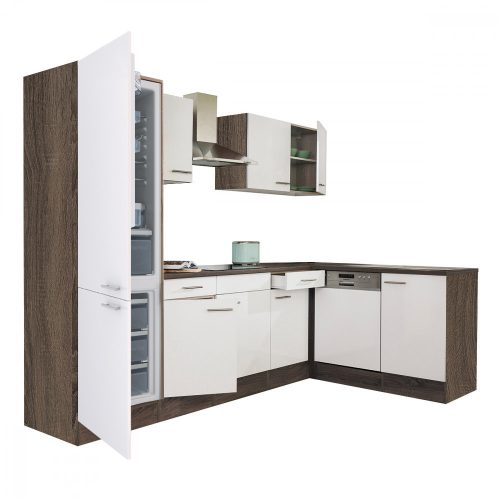 Yorki 280 sarok konyhabútor yorki tölgy korpusz,selyemfényű fehér fronttal alulagyasztós hűtős szekrénnyel