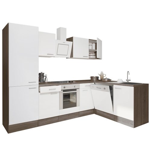 Yorki 280 sarok konyhabútor yorki tölgy korpusz,selyemfényű fehér front alsó sütős elemmel polcos szekrénnyel