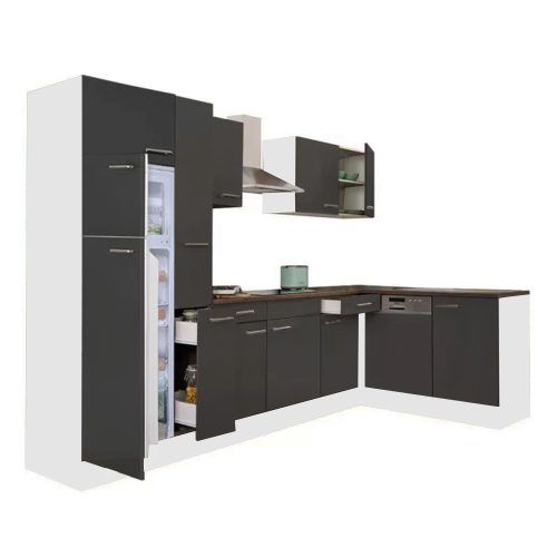 Yorki 310 sarok konyhabútor fehér korpusz,selyemfényű antracit fronttal felülfagyasztós hűtős szekrénnyel