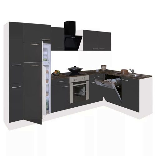 Yorki 310sarok konyhabútor fehér korpusz,selyemfényű antracit front alsó sütős elemmel felülfagyasztós hűtős szekrénnyel