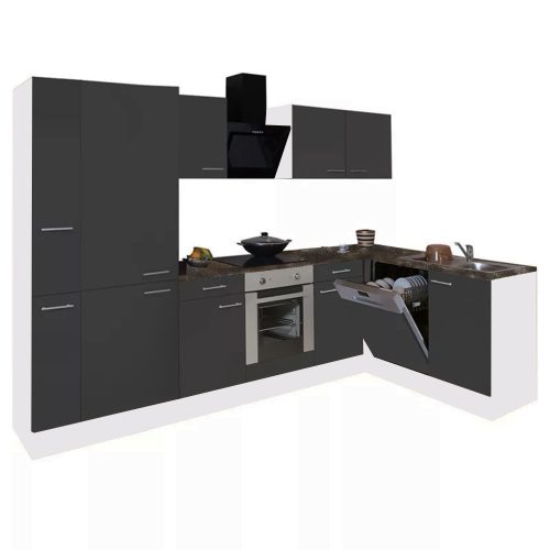 Yorki 310 sarok konyhabútor fehér korpusz,selyemfényű antracit front alsó sütős elemmel polcos szekrénnyel