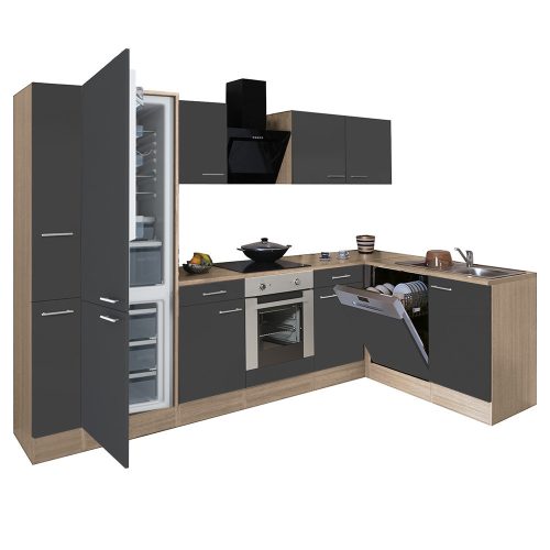 Yorki 310 sarok konyhabútor sonoma tölgy korpusz,selyemfényű antracit front alsó sütős elemmel alulagyasztós hűtős szekrénnyel