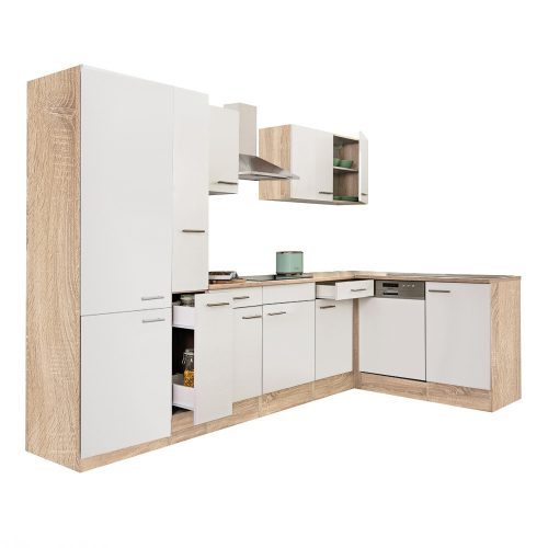 Yorki 310 sarok konyhabútor sonoma tölgy korpusz,selyemfényű fehér fronttal polcos szekrénnyel