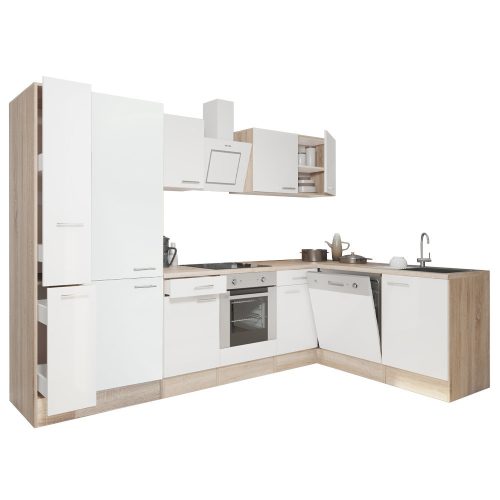 Yorki 310 sarok konyhabútor sonoma tölgy korpusz,selyemfényű fehér front alsó sütős elemmel polcos szekrénnyel