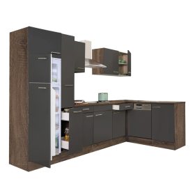 Yorki 310 sarok konyhabútor yorki tölgy korpusz,selyemfényű antracit fronttal felülfagyasztós hűtős szekrénnyel