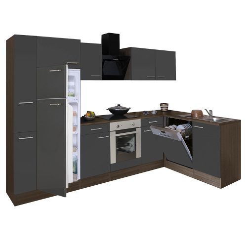 Yorki 310sarok konyhabútor yorki tölgy korpusz,selyemfényű antracit front alsó sütős elemmel felülfagyasztós hűtős szekrénnyel
